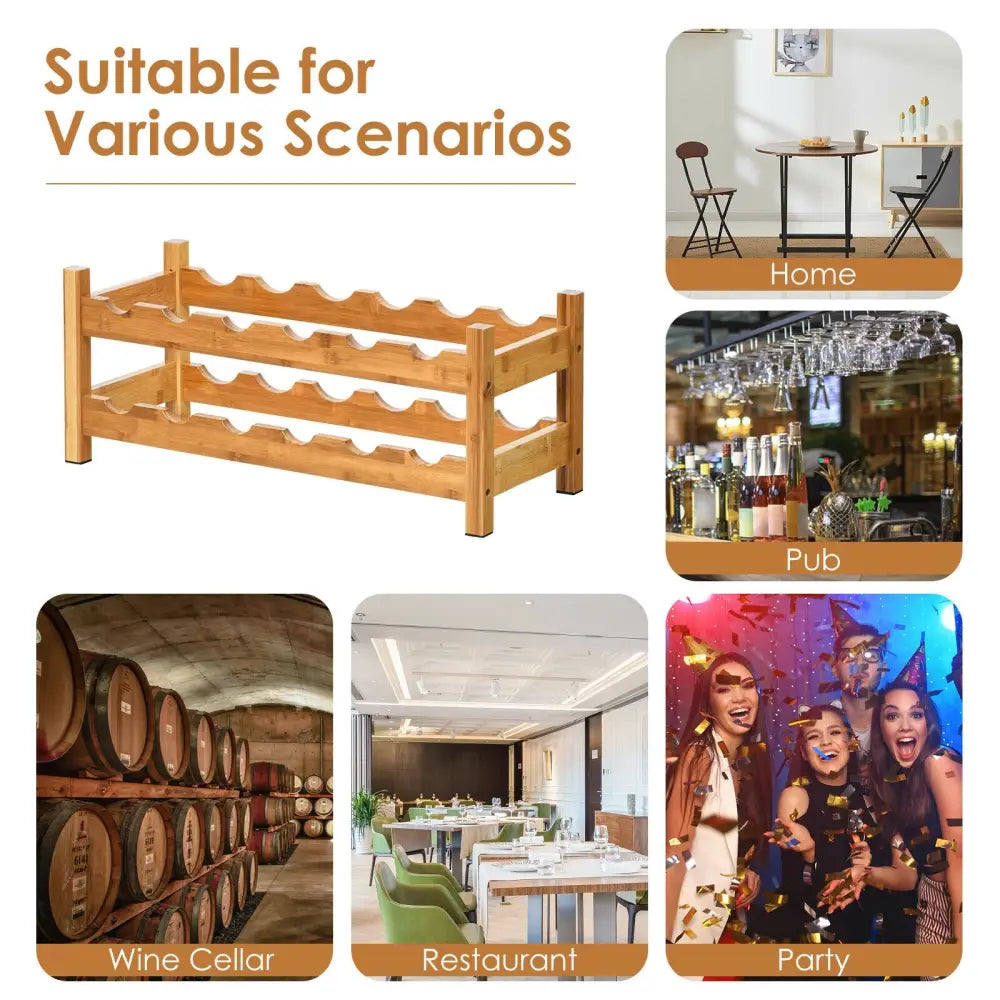 2-Tier 12 Bottles Bamboo Storage Shelf Wine Rack-Natural - Natural - Wine Racks