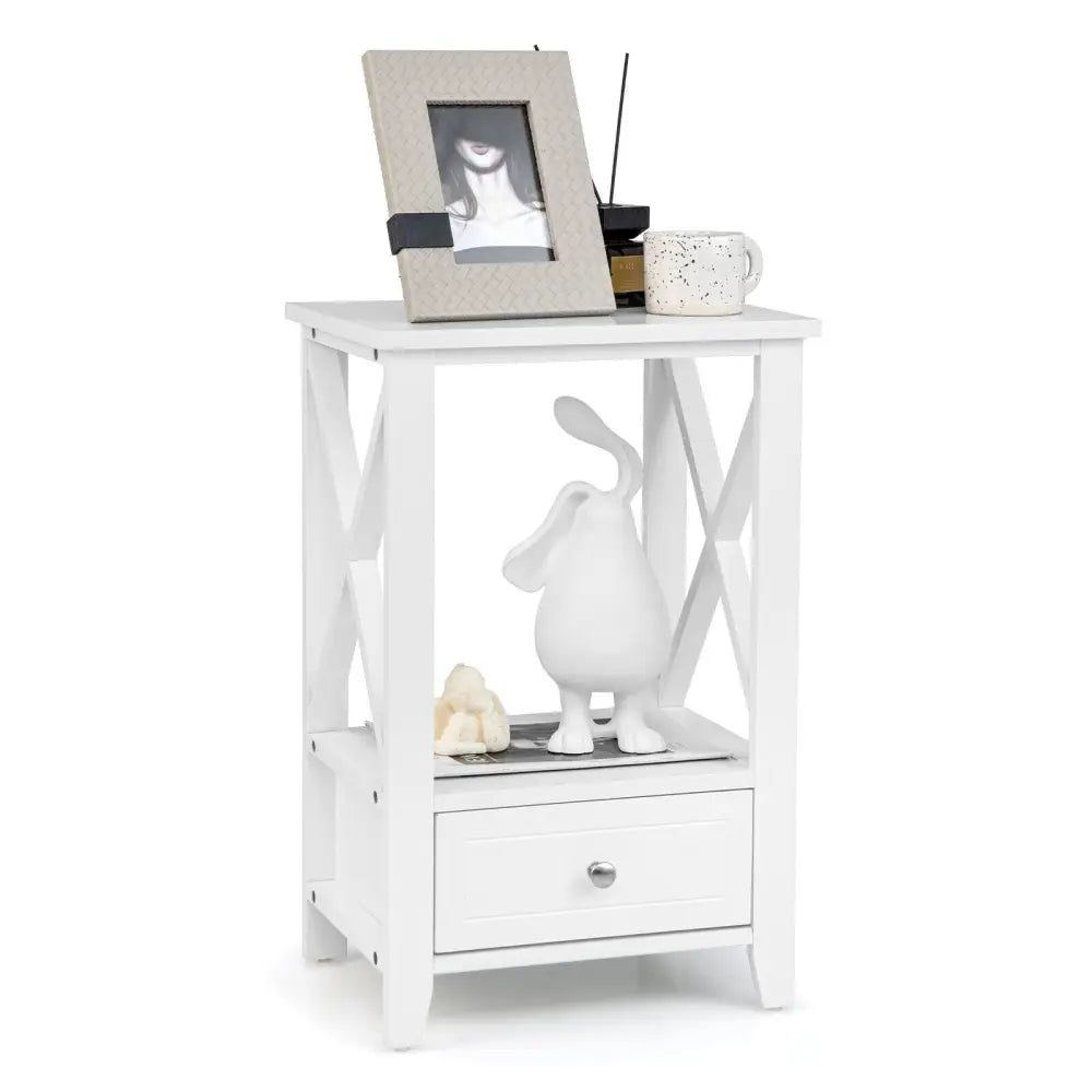 2-Tier 16 x 14 Inch Multifunctional Nightstand with Storage Drawer-White - White - Nightstands