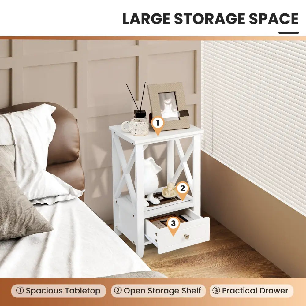 2-Tier 16 x 14 Inch Multifunctional Nightstand with Storage Drawer-White - White - Nightstands