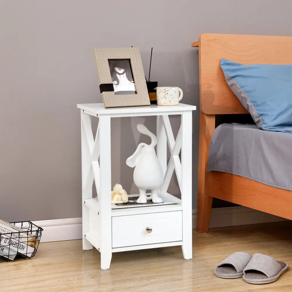 2-Tier 16 x 14 Inch Multifunctional Nightstand with Storage Drawer-White - White - Nightstands