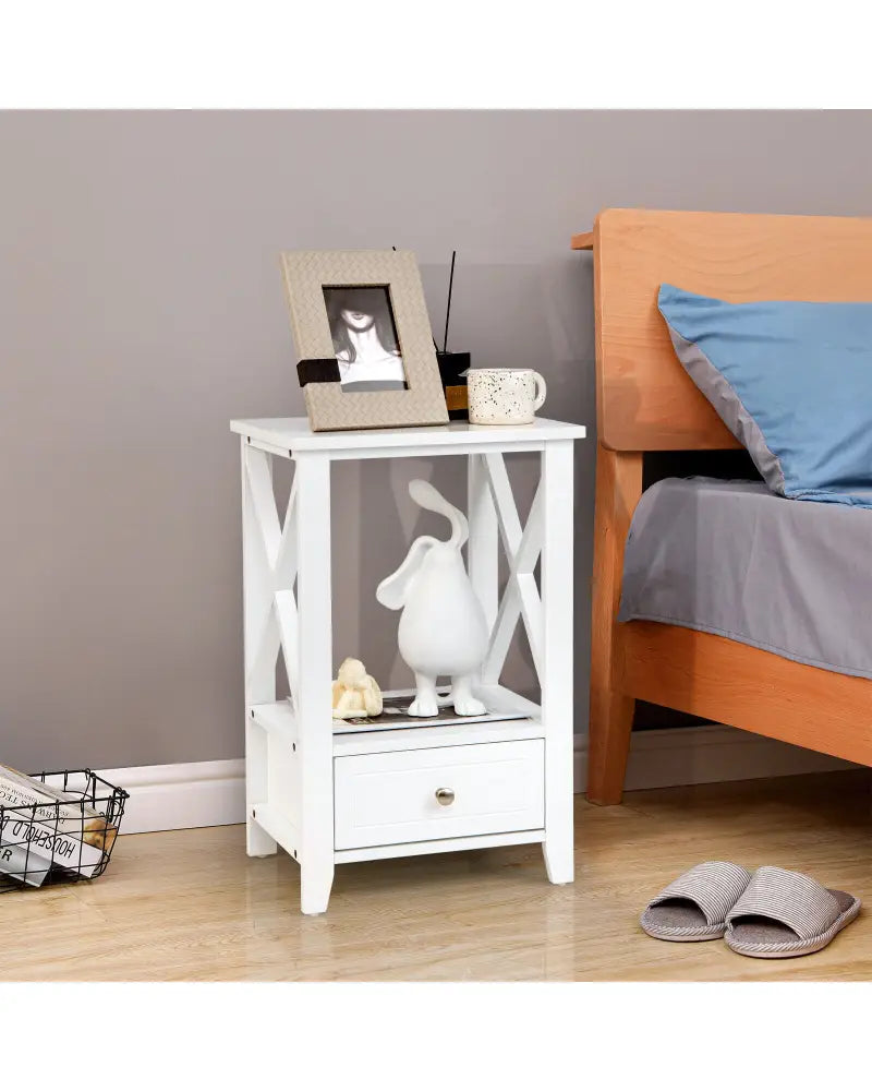 2-Tier 16 x 14 Inch Multifunctional Nightstand with Storage Drawer-White - White - Nightstands