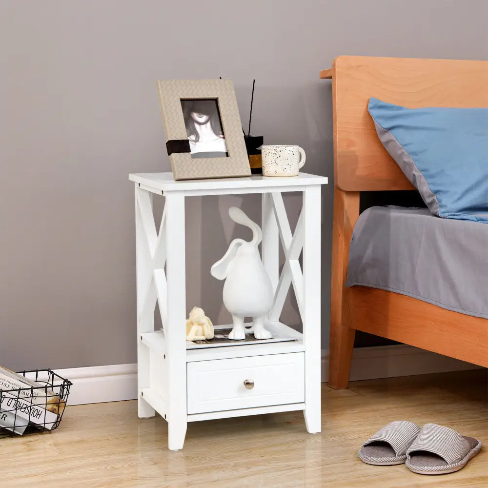 2-Tier 16 x 14 Inch Multifunctional Nightstand with Storage Drawer-White - White - Nightstands