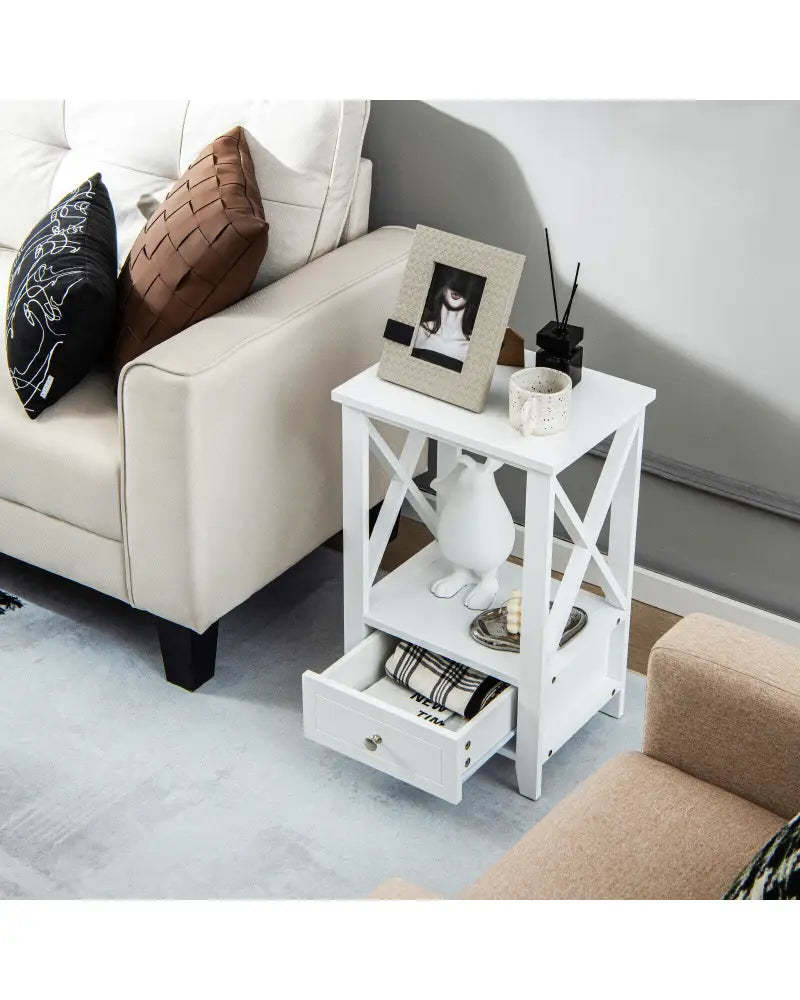 2-Tier 16 x 14 Inch Multifunctional Nightstand with Storage Drawer-White - White - Nightstands