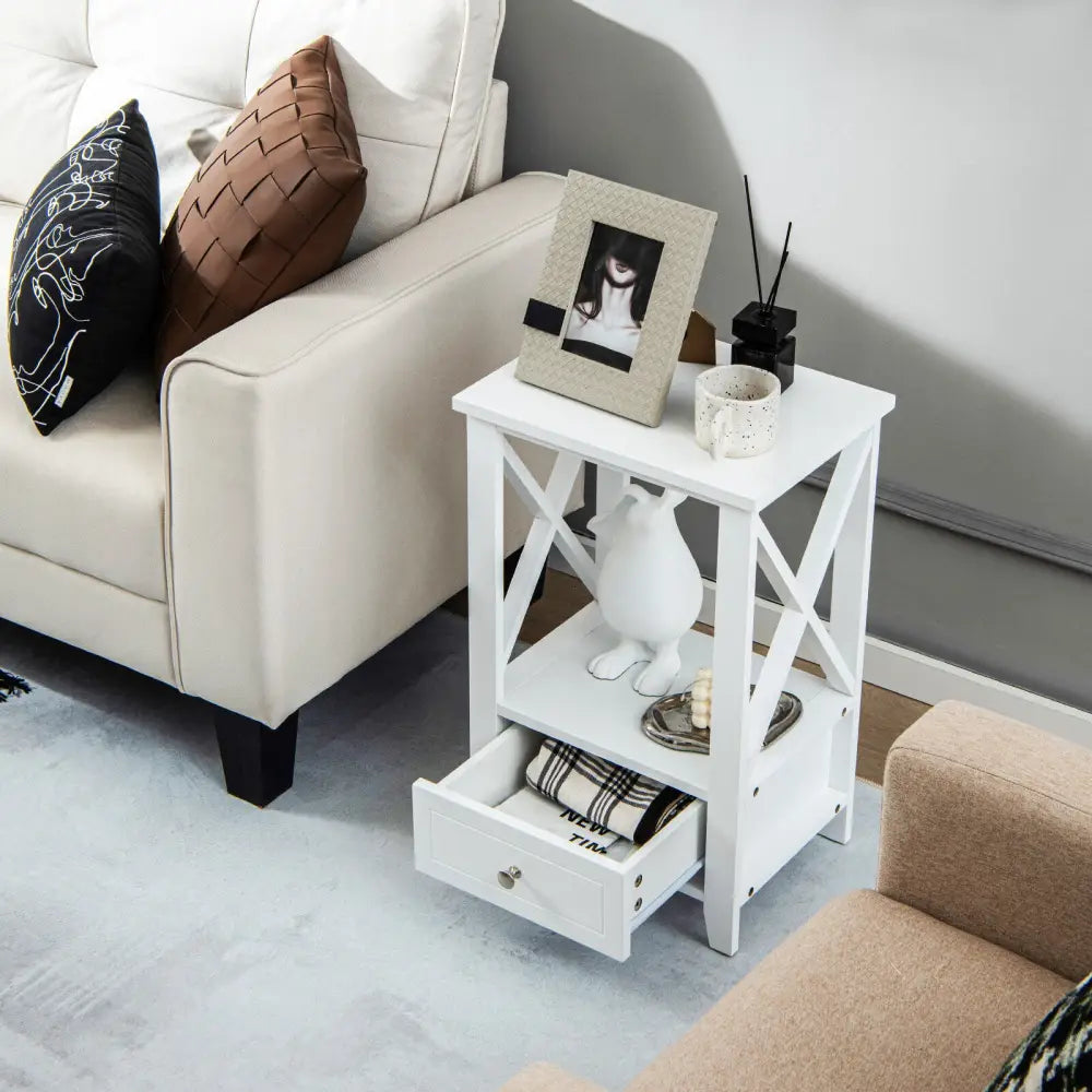 2-Tier 16 x 14 Inch Multifunctional Nightstand with Storage Drawer-White - White - Nightstands