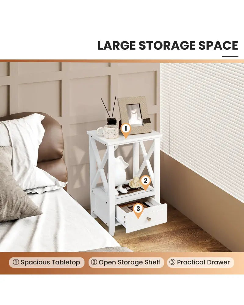 2-Tier 16 x 14 Inch Multifunctional Nightstand with Storage Drawer-White - White - Nightstands