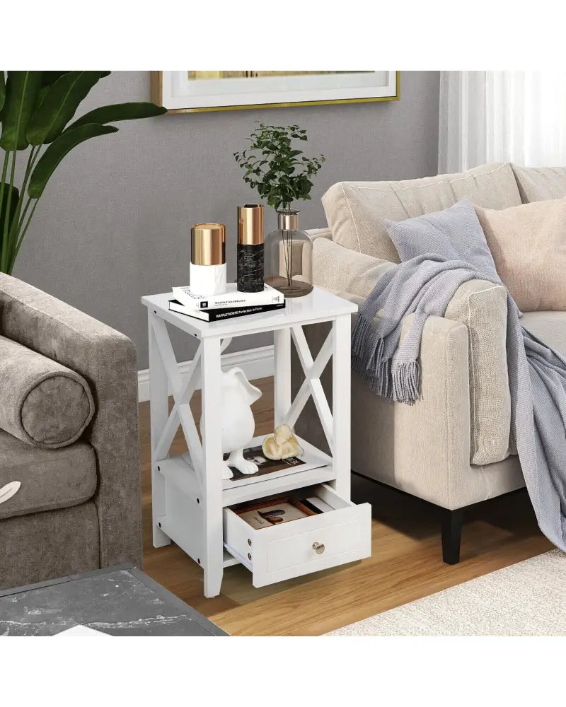 2-Tier 16 x 14 Inch Multifunctional Nightstand with Storage Drawer-White - White - Nightstands