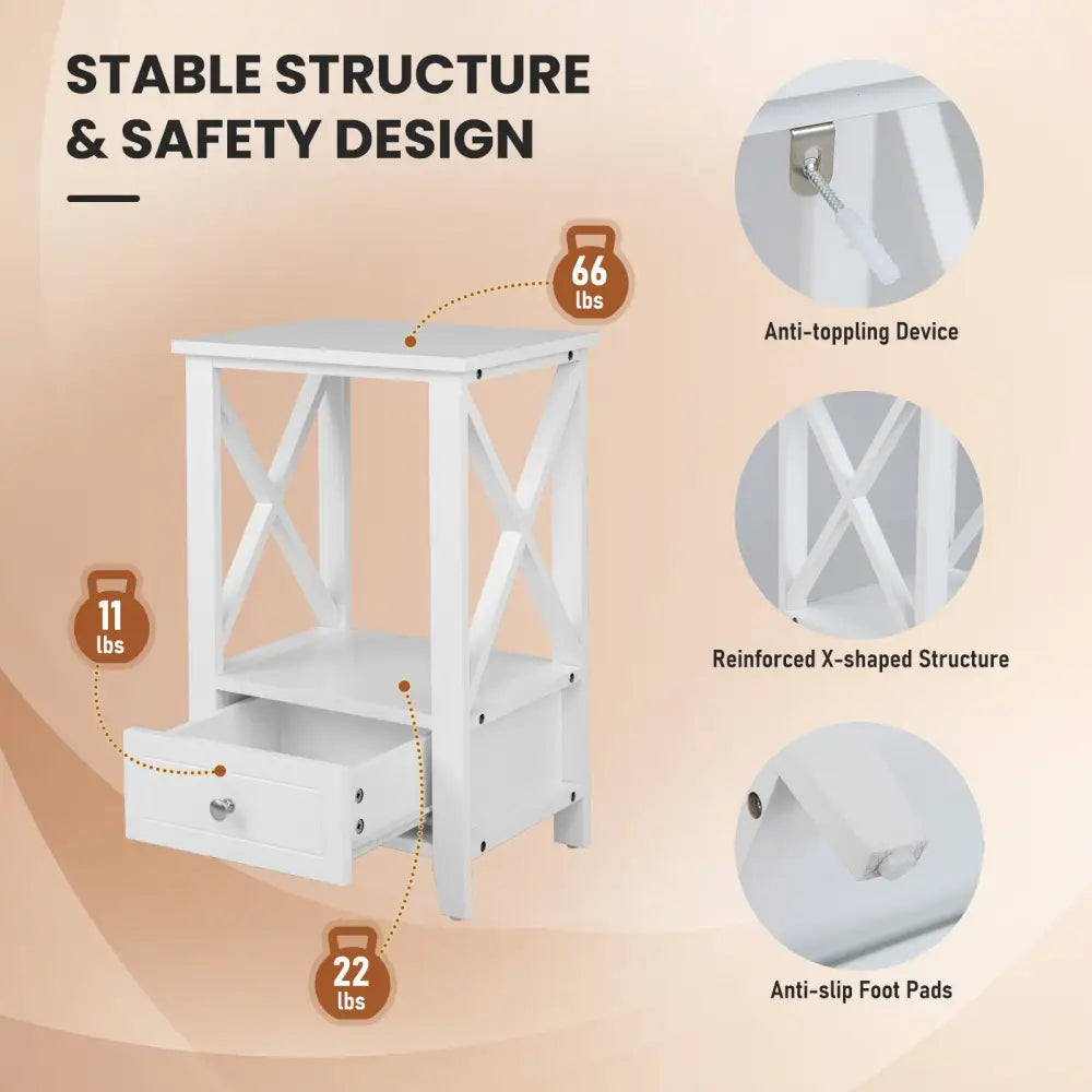 2-Tier 16 x 14 Inch Multifunctional Nightstand with Storage Drawer-White - White - Nightstands