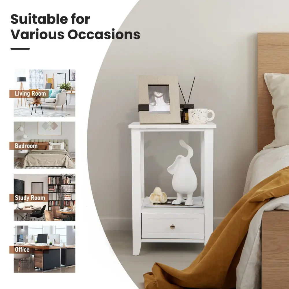 2-Tier 16 x 14 Inch Multifunctional Nightstand with Storage Drawer-White - White - Nightstands