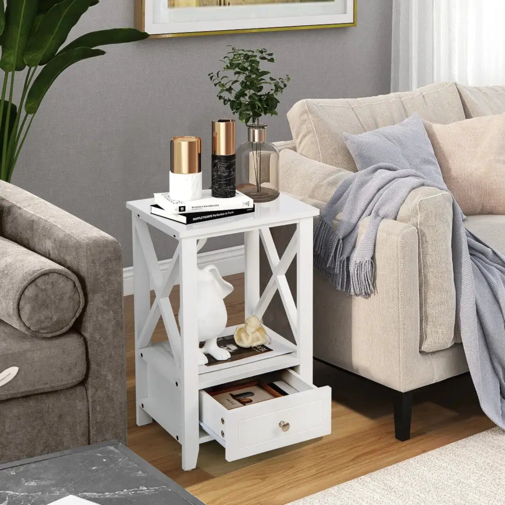 2-Tier 16 x 14 Inch Multifunctional Nightstand with Storage Drawer-White - White - Nightstands