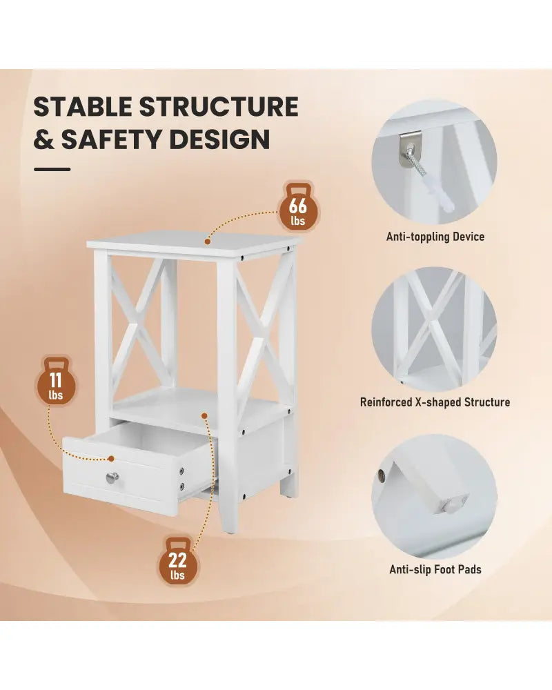 2-Tier 16 x 14 Inch Multifunctional Nightstand with Storage Drawer-White - White - Nightstands