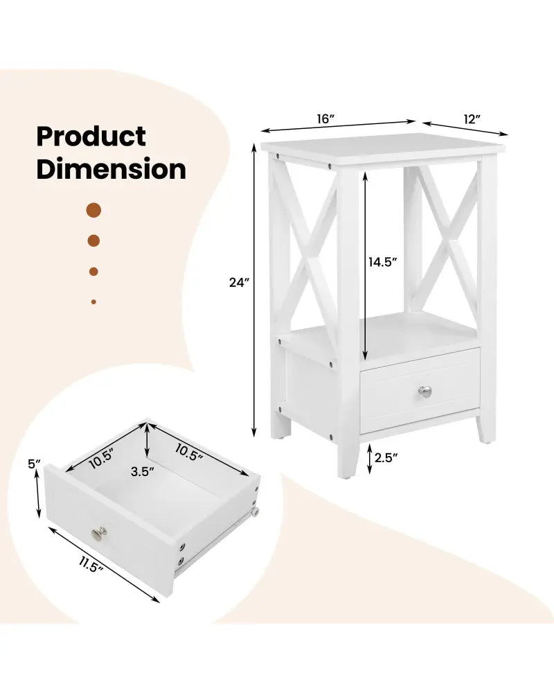 2-Tier 16 x 14 Inch Multifunctional Nightstand with Storage Drawer-White - White - Nightstands