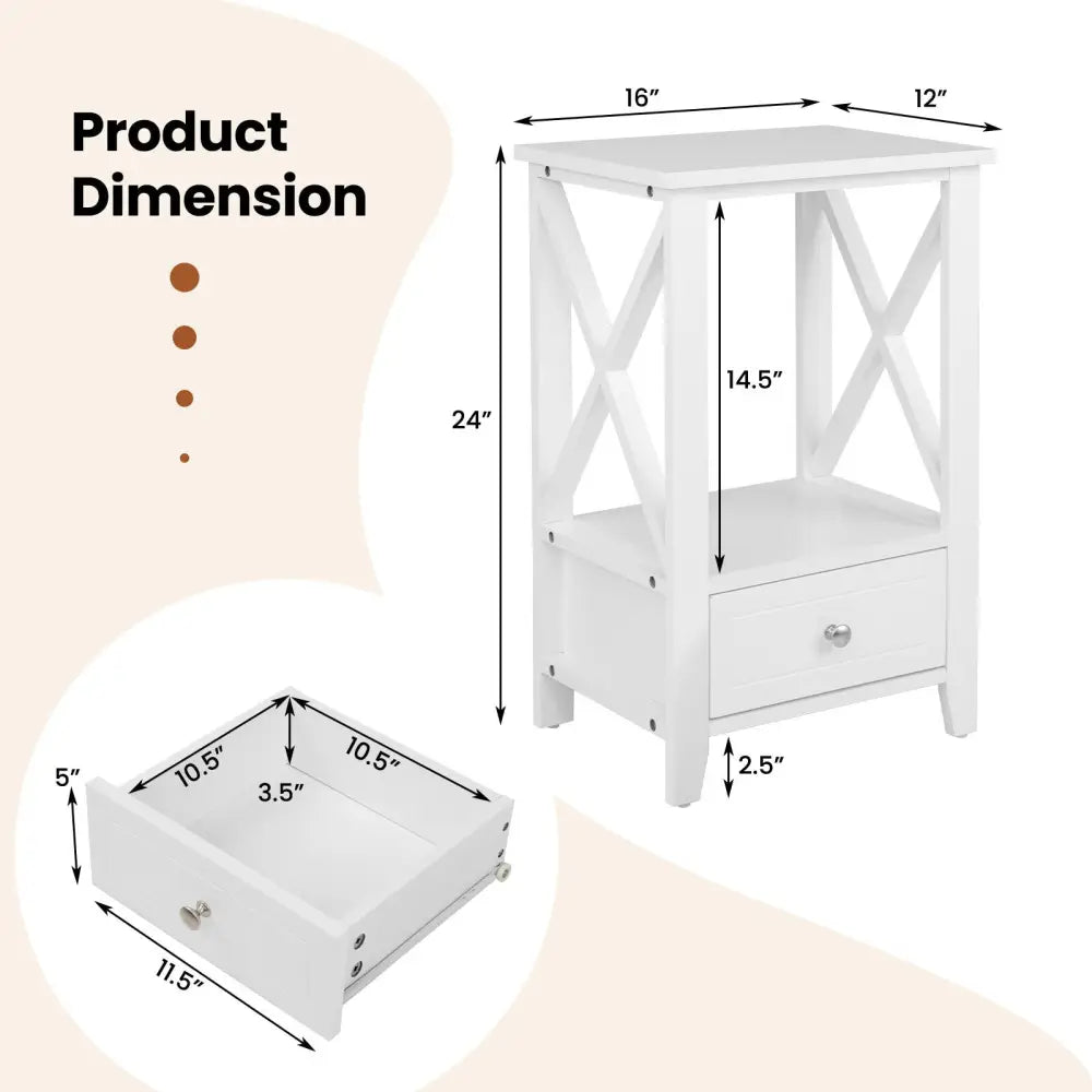 2-Tier 16 x 14 Inch Multifunctional Nightstand with Storage Drawer-White - White - Nightstands