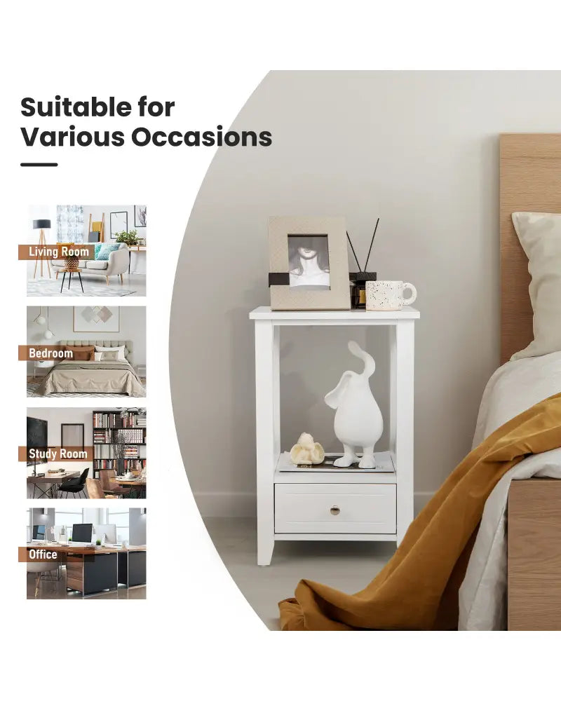 2-Tier 16 x 14 Inch Multifunctional Nightstand with Storage Drawer-White - White - Nightstands