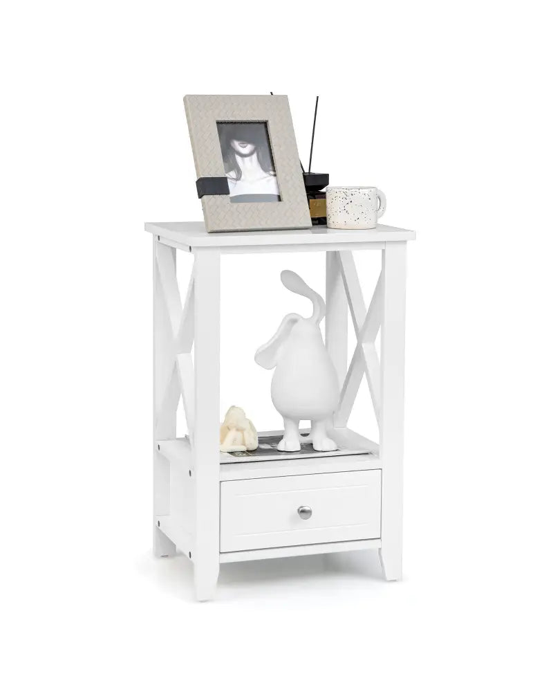 2-Tier 16 x 14 Inch Multifunctional Nightstand with Storage Drawer-White - White - Nightstands