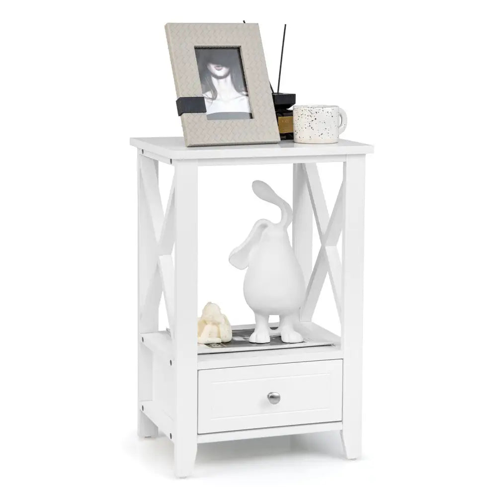 2-Tier 16 x 14 Inch Multifunctional Nightstand with Storage Drawer-White - White - Nightstands