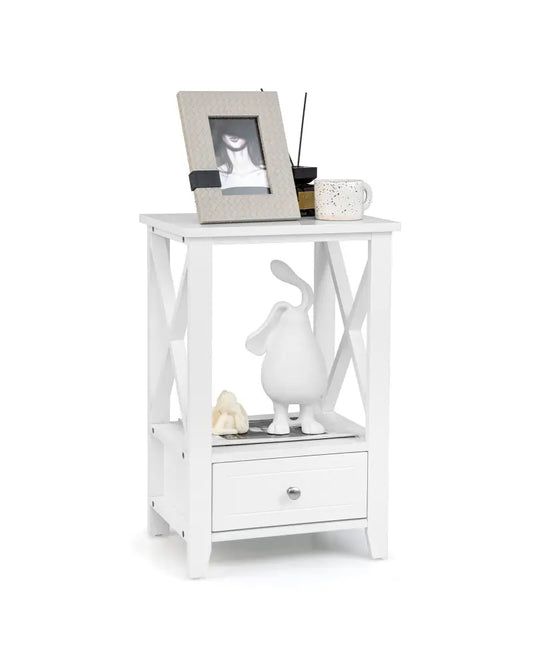 2-Tier 16 x 14 Inch Multifunctional Nightstand with Storage Drawer-White - White - Nightstands
