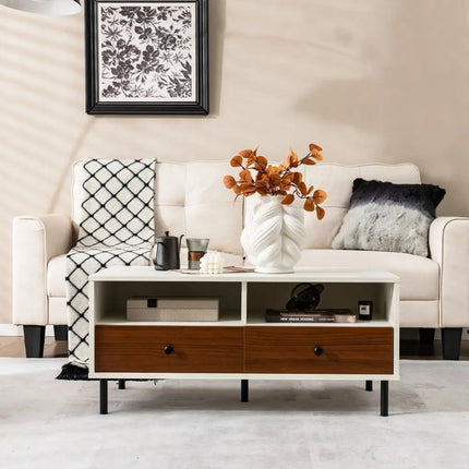 2 Tier 40 Inch Length Modern Rectangle Coffee Table with Storage Shelf and Drawers-White Costway