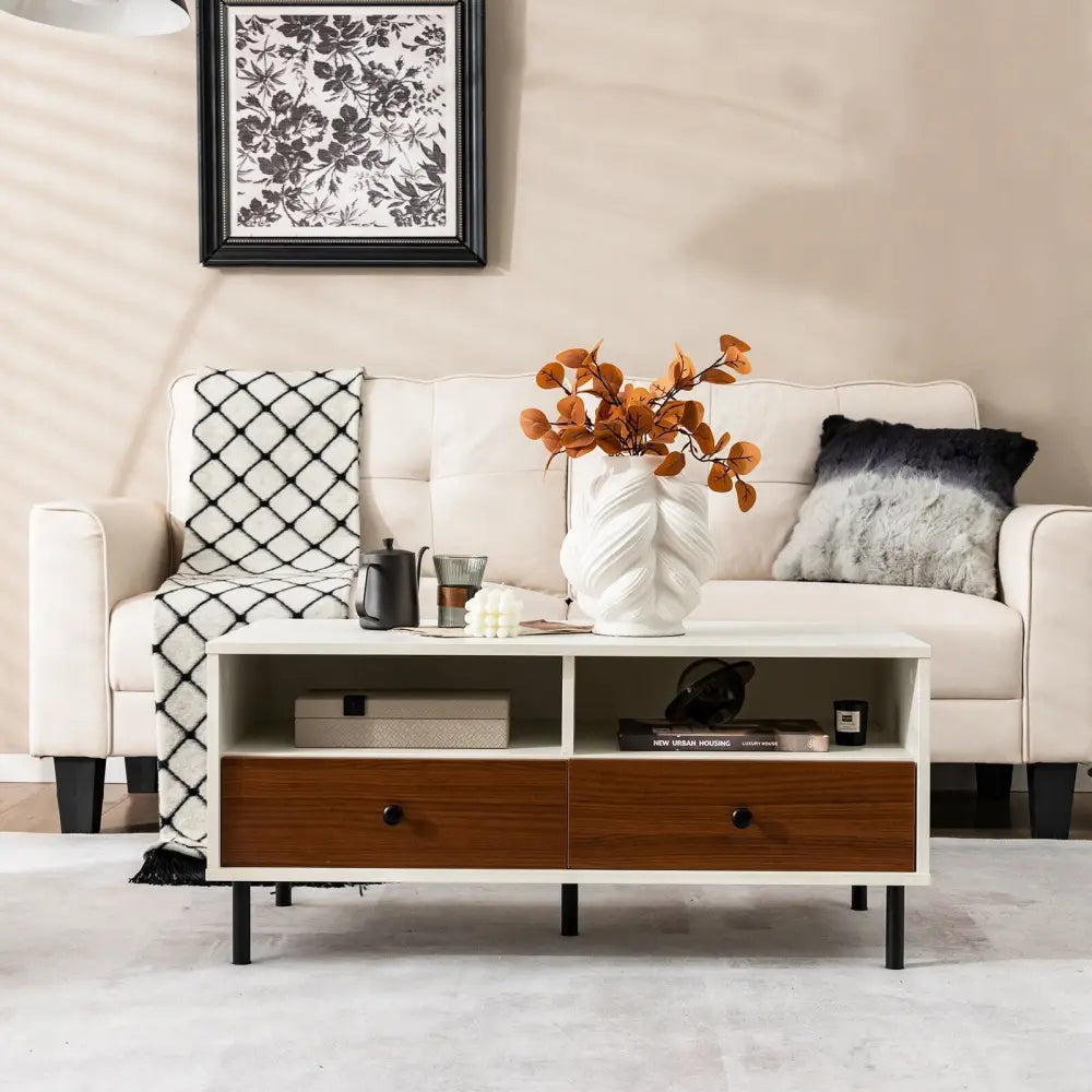 2 Tier 40 Inch Length Modern Rectangle Coffee Table with Storage Shelf and Drawers-White Costway
