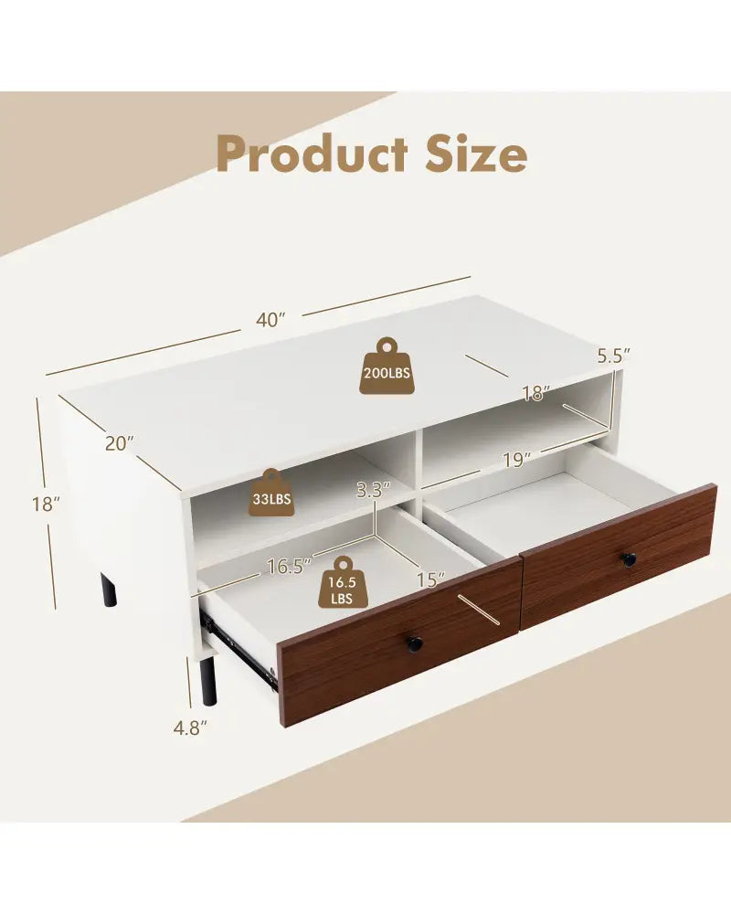 2 Tier 40 Inch Length Modern Rectangle Coffee Table with Storage Shelf and Drawers-White - White - Coffee Tables