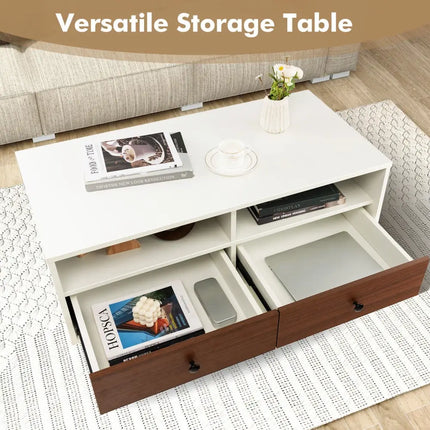 2 Tier 40 Inch Length Modern Rectangle Coffee Table with Storage Shelf and Drawers-White Costway