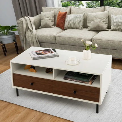 2 Tier 40 Inch Length Modern Rectangle Coffee Table with Storage Shelf and Drawers-White Costway