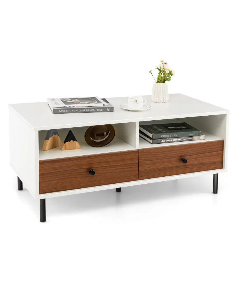 2 Tier 40 Inch Length Modern Rectangle Coffee Table with Storage Shelf and Drawers-White - White - Coffee Tables