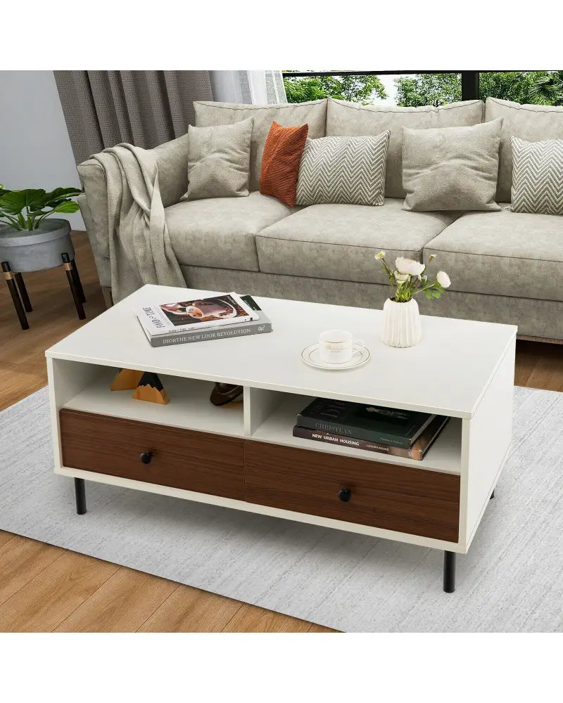 2 Tier 40 Inch Length Modern Rectangle Coffee Table with Storage Shelf and Drawers-White - White - Coffee Tables