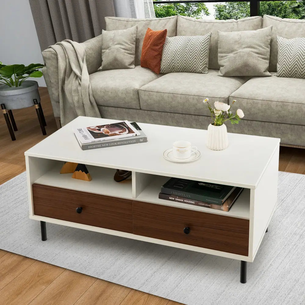 2 Tier 40 Inch Length Modern Rectangle Coffee Table with Storage Shelf and Drawers-White - White - Coffee Tables
