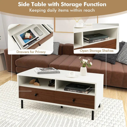 2 Tier 40 Inch Length Modern Rectangle Coffee Table with Storage Shelf and Drawers-White Costway