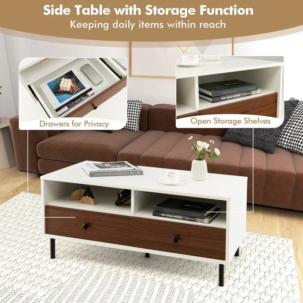 2 Tier 40 Inch Length Modern Rectangle Coffee Table with Storage Shelf and Drawers-White Costway
