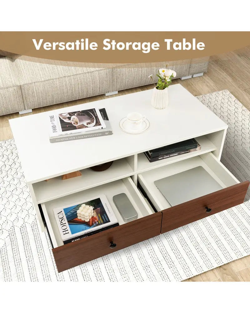 2 Tier 40 Inch Length Modern Rectangle Coffee Table with Storage Shelf and Drawers-White - White - Coffee Tables