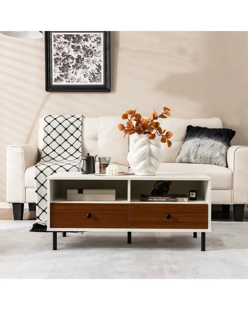 2 Tier 40 Inch Length Modern Rectangle Coffee Table with Storage Shelf and Drawers-White - White - Coffee Tables