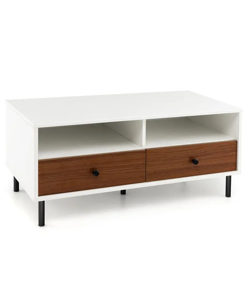 2 Tier 40 Inch Length Modern Rectangle Coffee Table with Storage Shelf and Drawers-White - White - Coffee Tables
