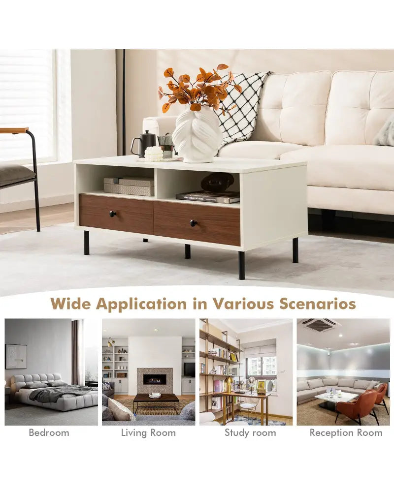 2 Tier 40 Inch Length Modern Rectangle Coffee Table with Storage Shelf and Drawers-White - White - Coffee Tables