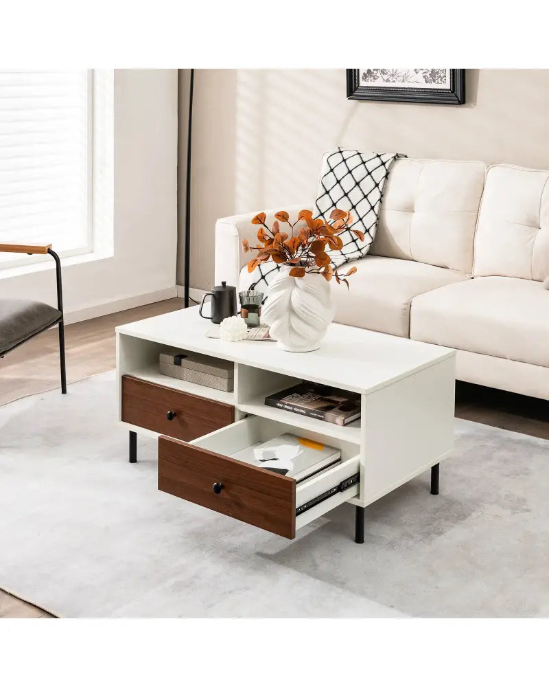 2 Tier 40 Inch Length Modern Rectangle Coffee Table with Storage Shelf and Drawers-White - White - Coffee Tables
