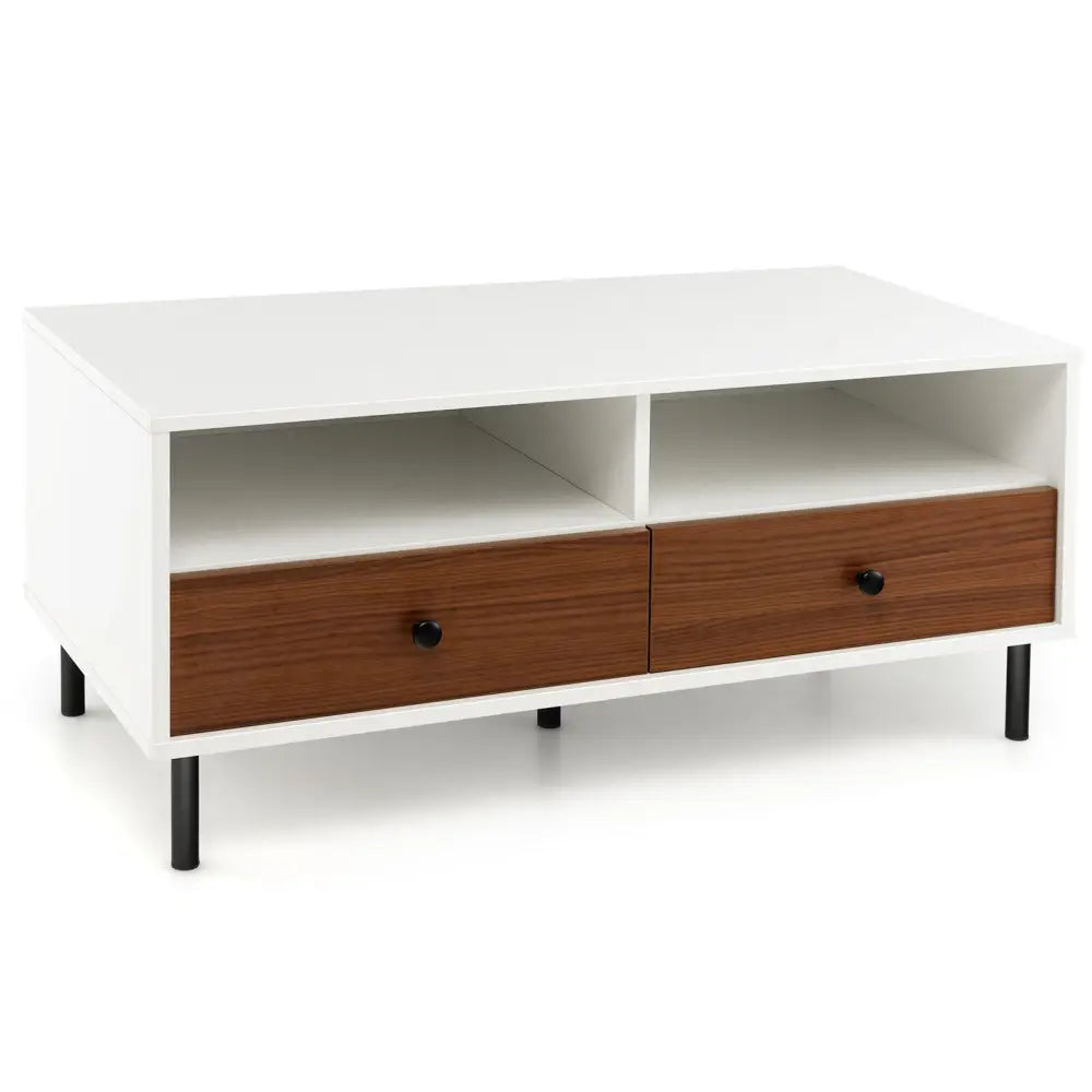 2 Tier 40 Inch Length Modern Rectangle Coffee Table with Storage Shelf and Drawers-White Costway