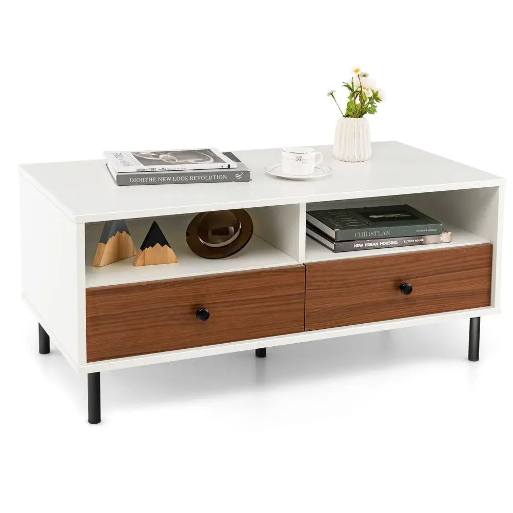 2 Tier 40 Inch Length Modern Rectangle Coffee Table with Storage Shelf and Drawers-White Costway