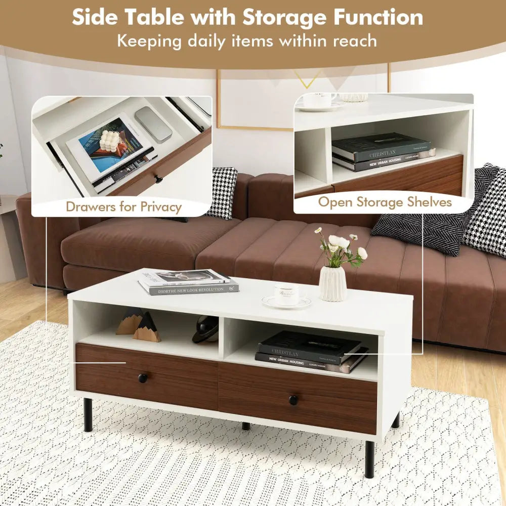 2 Tier 40 Inch Length Modern Rectangle Coffee Table with Storage Shelf and Drawers-White - White - Coffee Tables