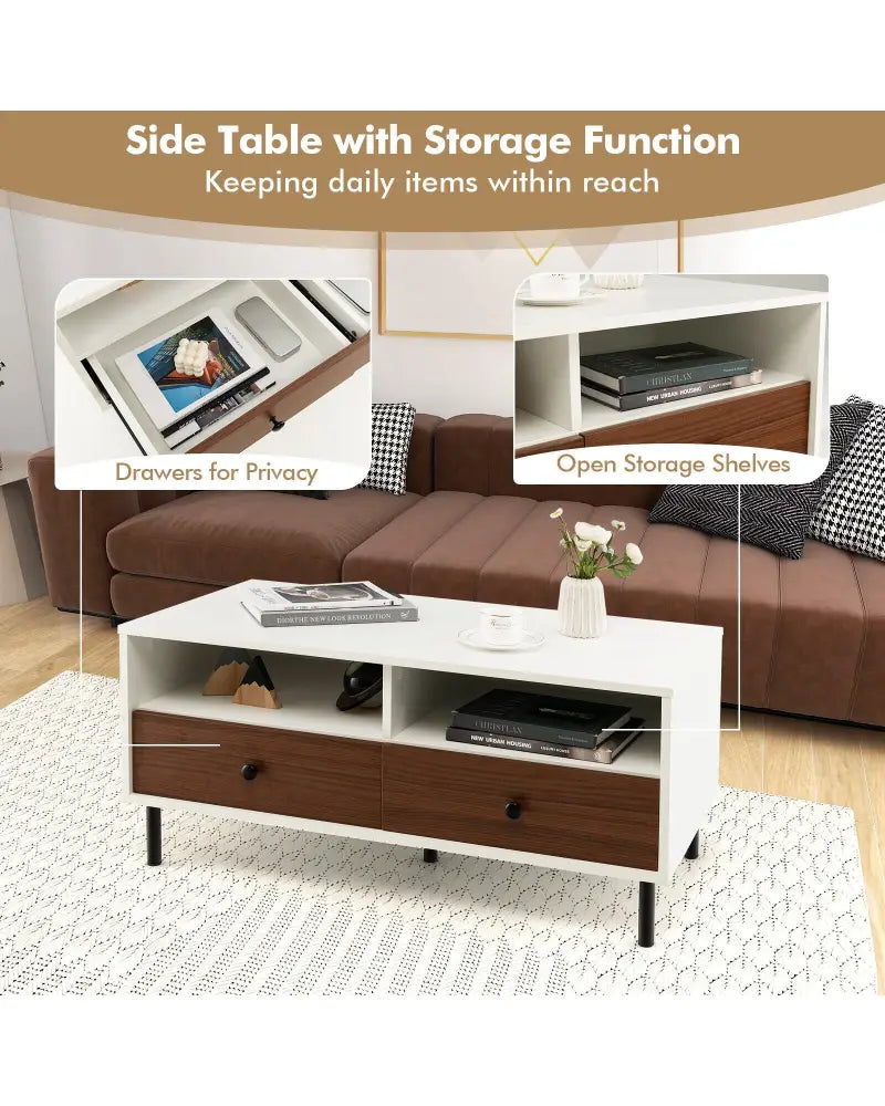 2 Tier 40 Inch Length Modern Rectangle Coffee Table with Storage Shelf and Drawers-White - White - Coffee Tables