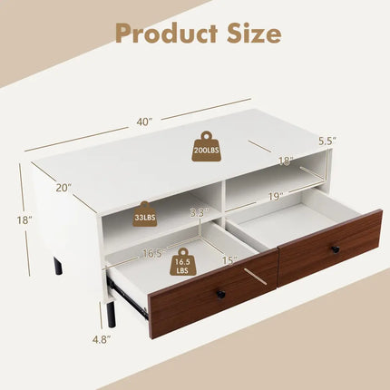 2 Tier 40 Inch Length Modern Rectangle Coffee Table with Storage Shelf and Drawers-White Costway