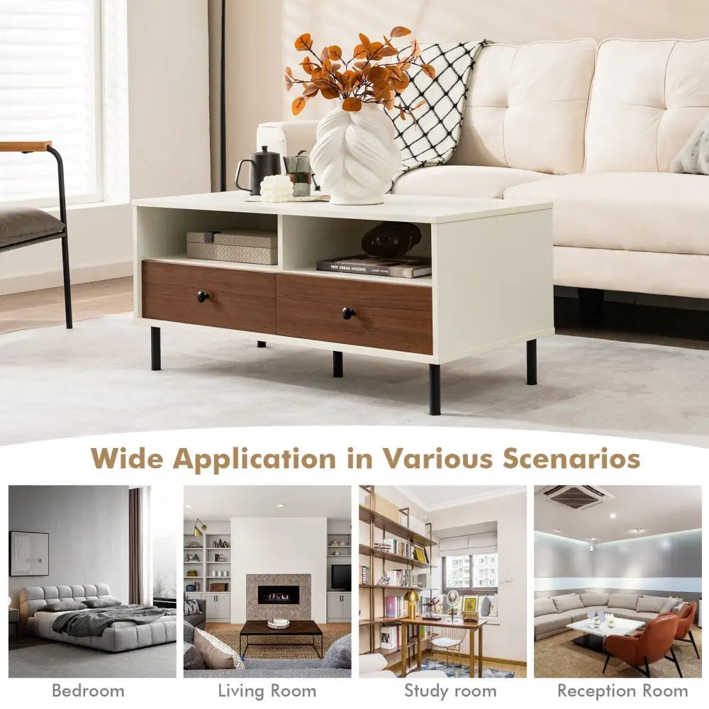 2 Tier 40 Inch Length Modern Rectangle Coffee Table with Storage Shelf and Drawers-White Costway