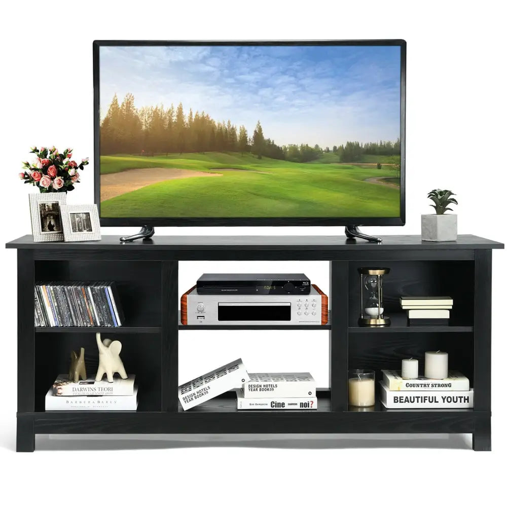 2-Tier 58 Inches TV Stand Entertainment Media Console Center-Black - Black - Entertainment Centers & TV Stands