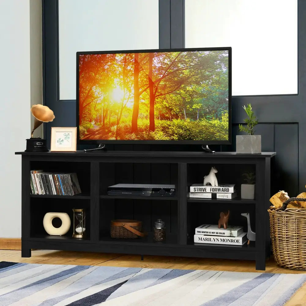 2-Tier 58 Inches TV Stand Entertainment Media Console Center-Black - Black - Entertainment Centers & TV Stands