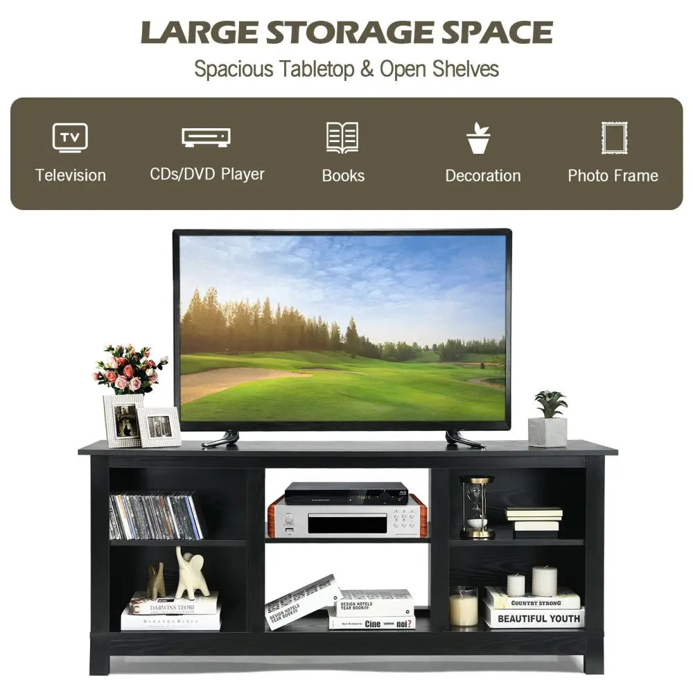 2-Tier 58 Inches TV Stand Entertainment Media Console Center-Black - Black - Entertainment Centers & TV Stands