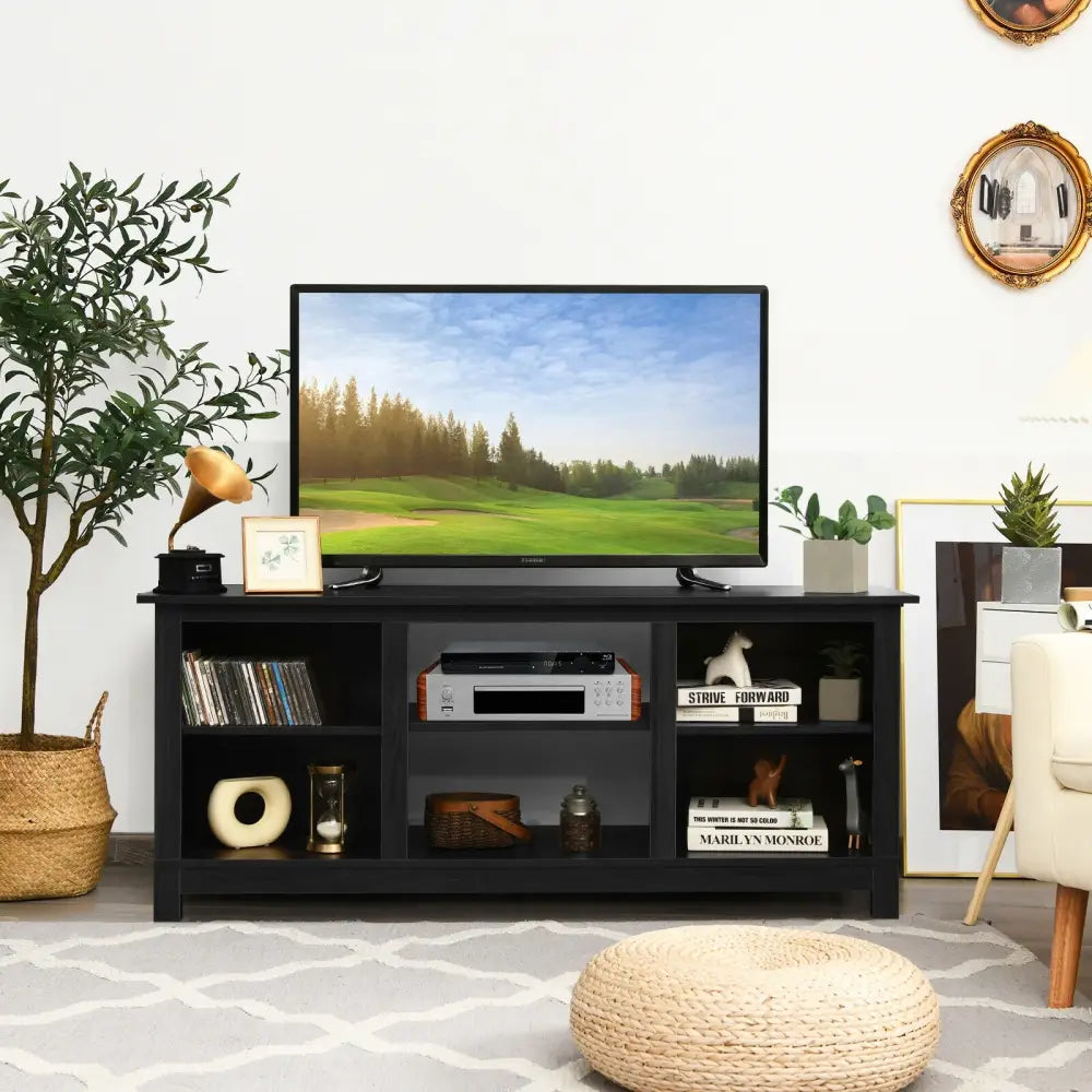 2-Tier 58 Inches TV Stand Entertainment Media Console Center-Black - Black - Entertainment Centers & TV Stands