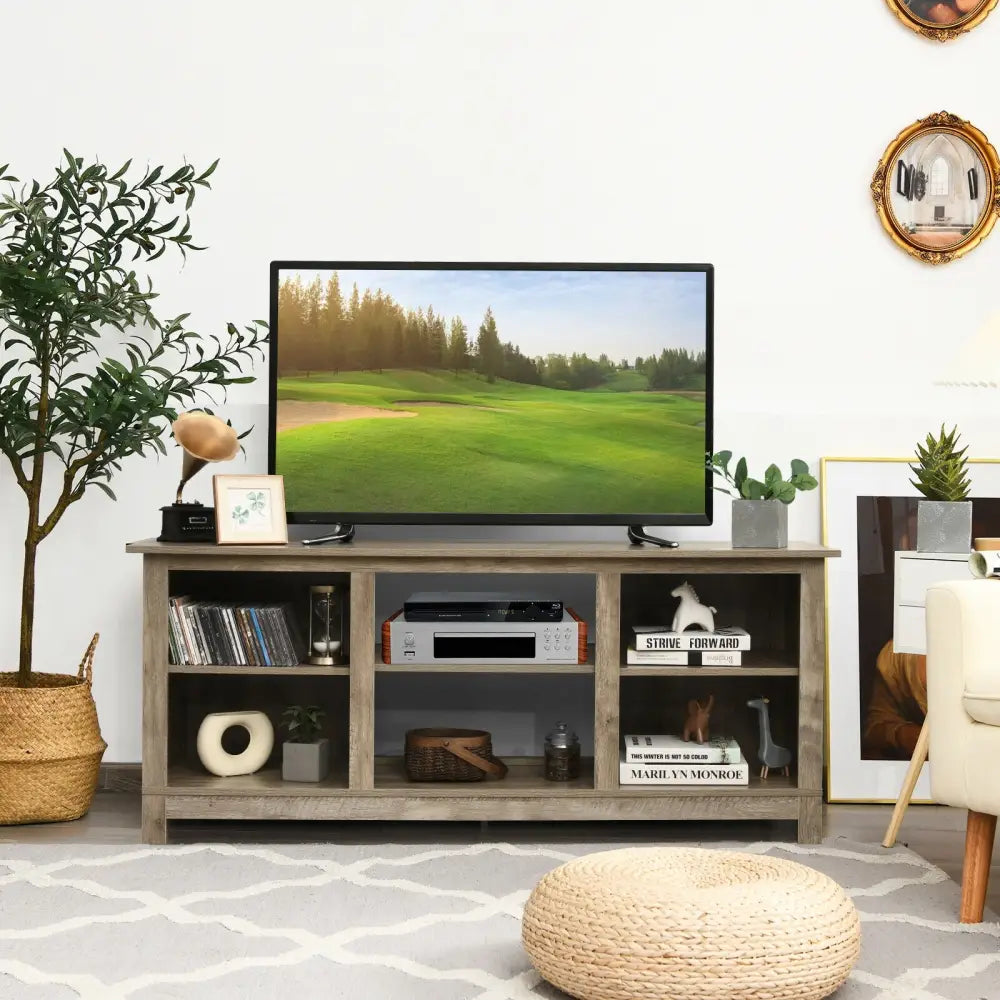 2-Tier 58 Inches TV Stand Entertainment Media Console Center-Gray - Gray - Entertainment Centers & TV Stands