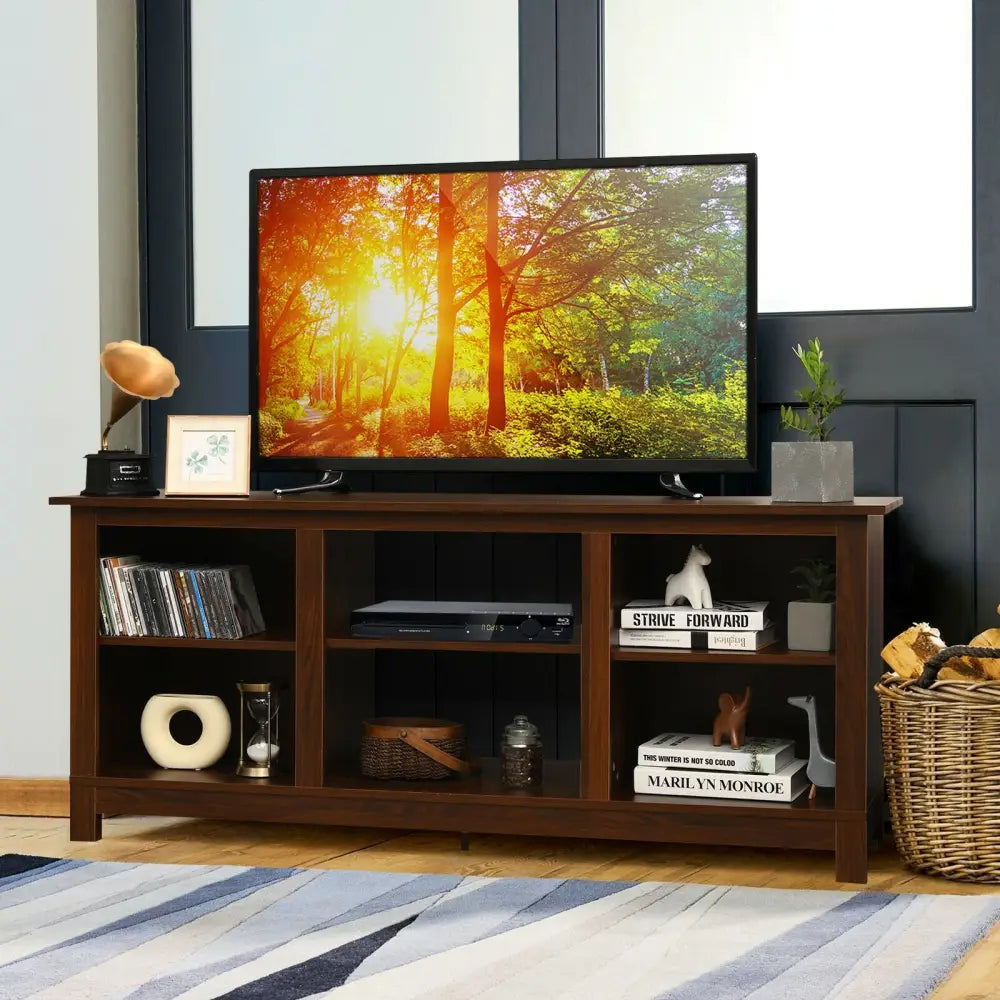 2-Tier 58 Inches TV Stand Entertainment Media Console Center-Walnut - Walnut - Entertainment Centers & TV Stands