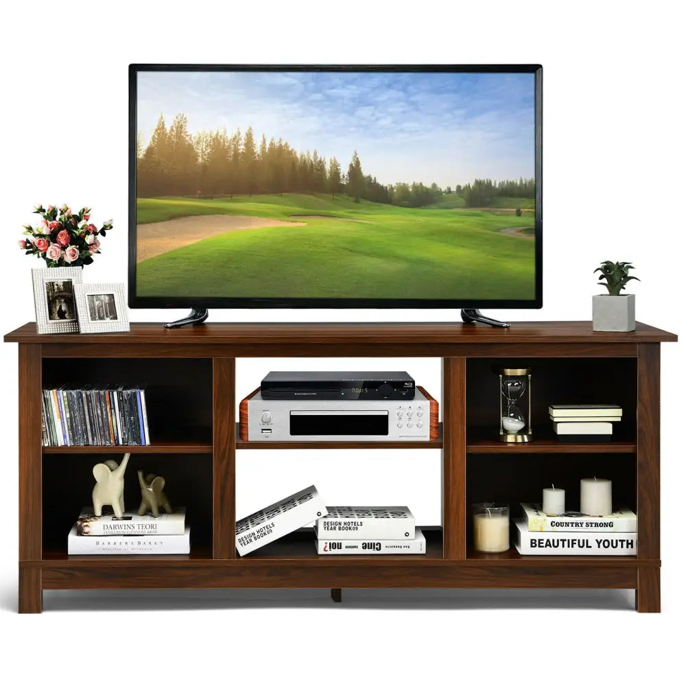 2-Tier 58 Inches TV Stand Entertainment Media Console Center-Walnut - Walnut - Entertainment Centers & TV Stands