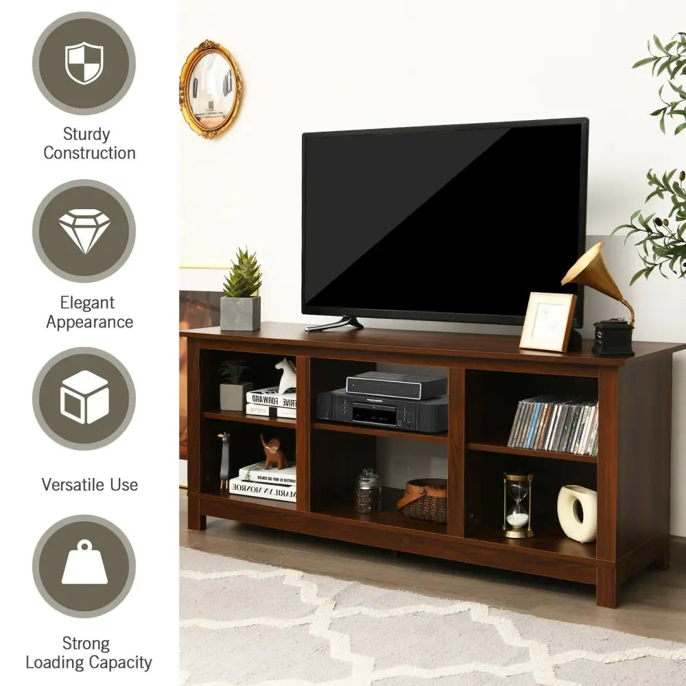 2-Tier 58 Inches TV Stand Entertainment Media Console Center-Walnut - Walnut - Entertainment Centers & TV Stands