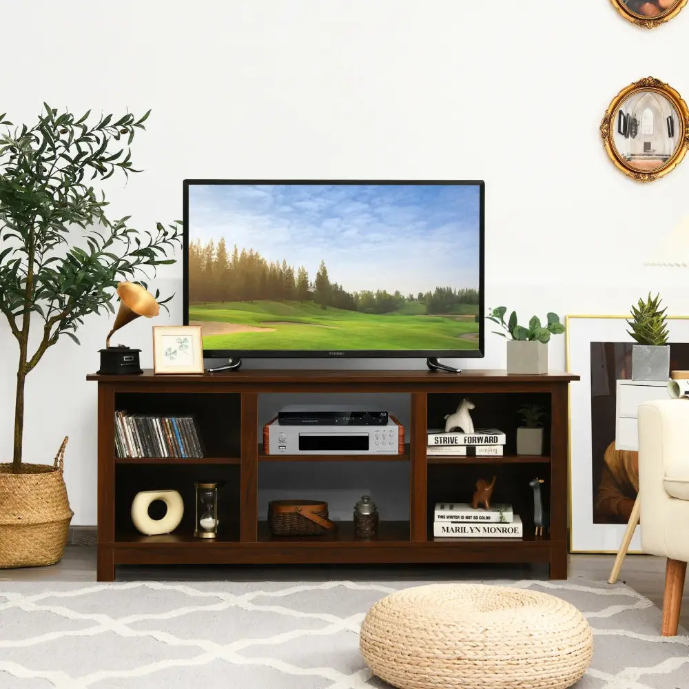 2-Tier 58 Inches TV Stand Entertainment Media Console Center-Walnut - Walnut - Entertainment Centers & TV Stands